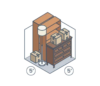 Illustration of a 5 by 5 storage unit with small furniture and boxes